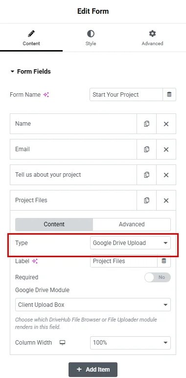 Choosing Google Drive Upload as the field type in the Elementor form
