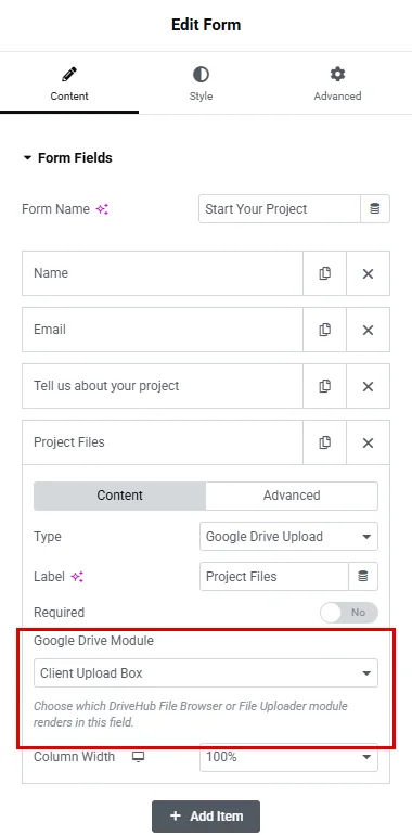 Picking the Client Upload Box module in the Google Drive Module dropdown