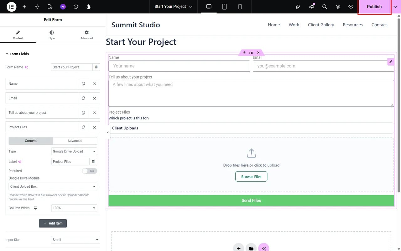 The finished form in the Elementor editor with the Publish button