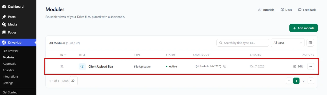 The File Uploader module in the Modules list