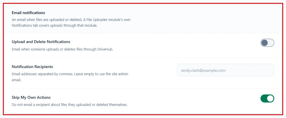 The Email notifications section in the Analytics settings