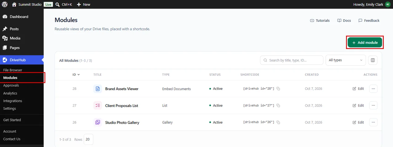 The DriveHub Modules page with the Add module button