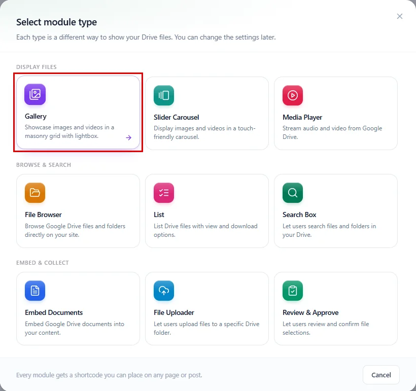 Choosing Gallery in the Select module type window