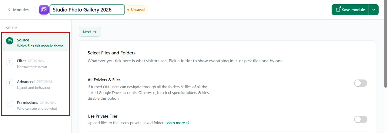 The four setup steps on the left of the module editor