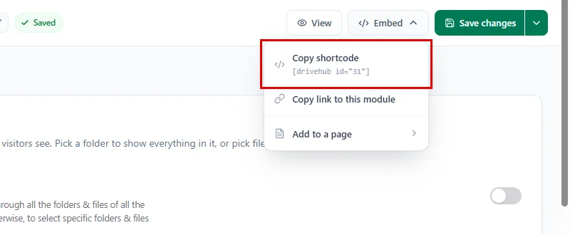 The Embed menu with Copy shortcode