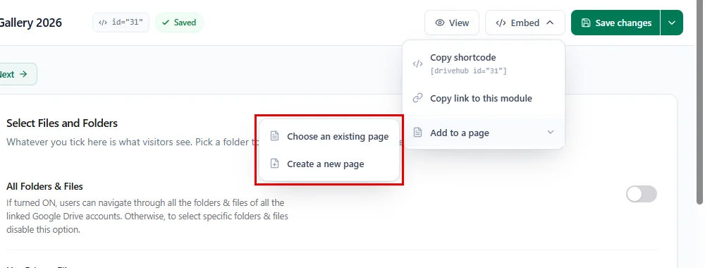 The Add to a page options in the Embed menu