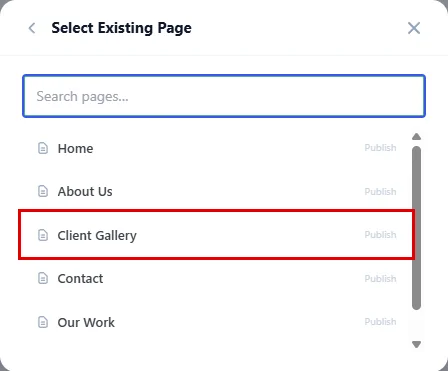 Picking a page in the Select Existing Page window