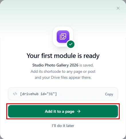 The Your first module is ready window