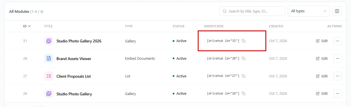 The new module and its shortcode in the Modules list