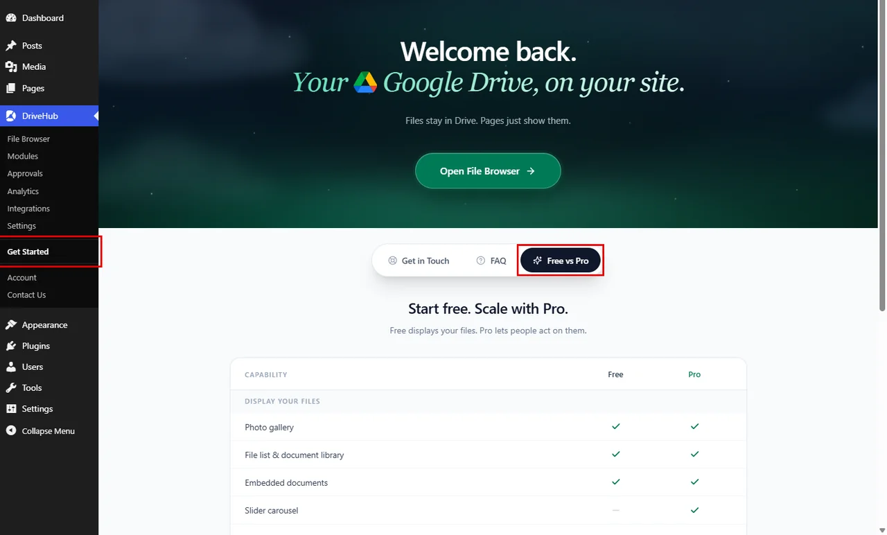 Opening the Free vs Pro tab on the Get Started screen