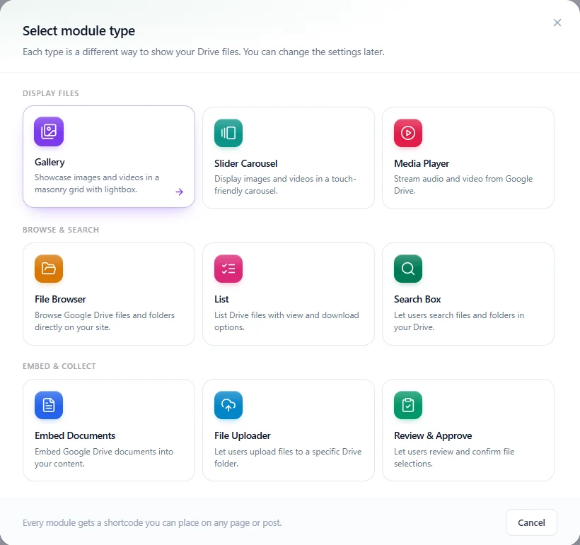 The Select module type window with all nine module types, as it looks with DriveHub Pro