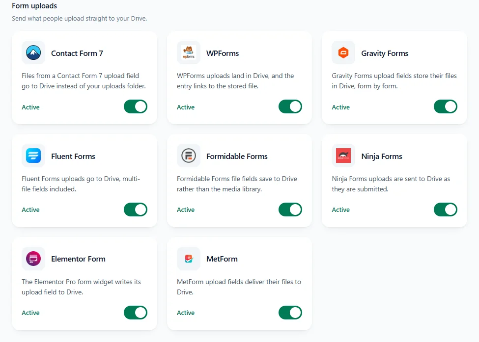 The Form uploads integrations, all switched on with DriveHub Pro