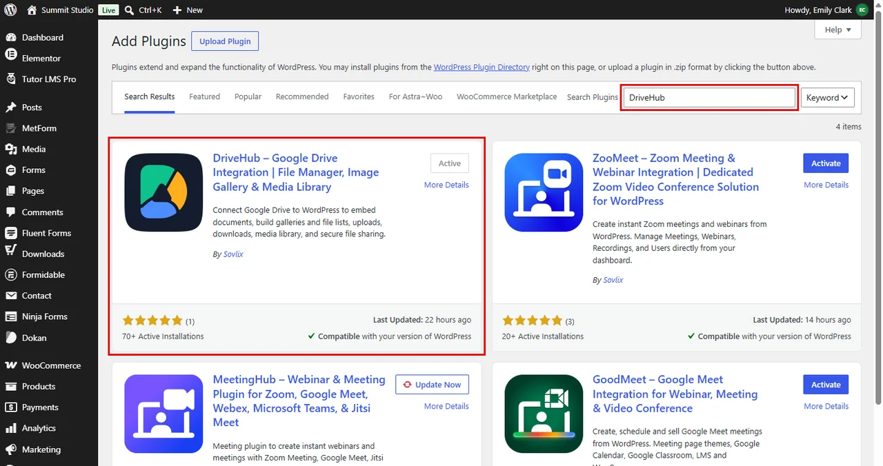 Search for DriveHub in Add Plugins, then click Install Now and Activate