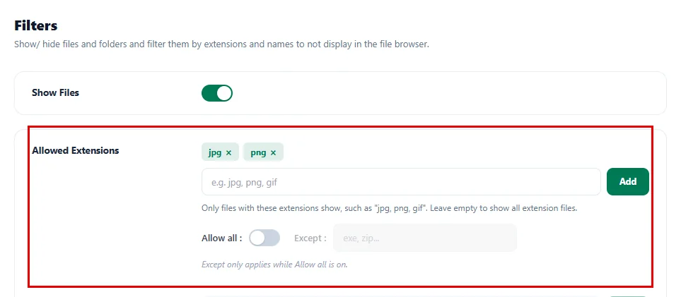 Show Files and Allowed Extensions in the Filter tab