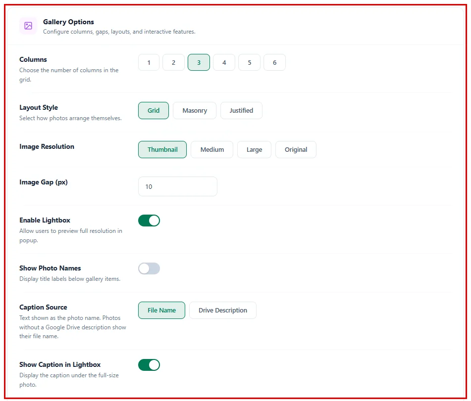 The Gallery Options in the Advanced tab