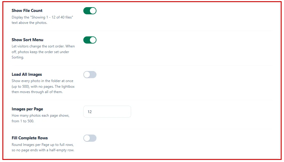 The page and toolbar settings in Gallery Options