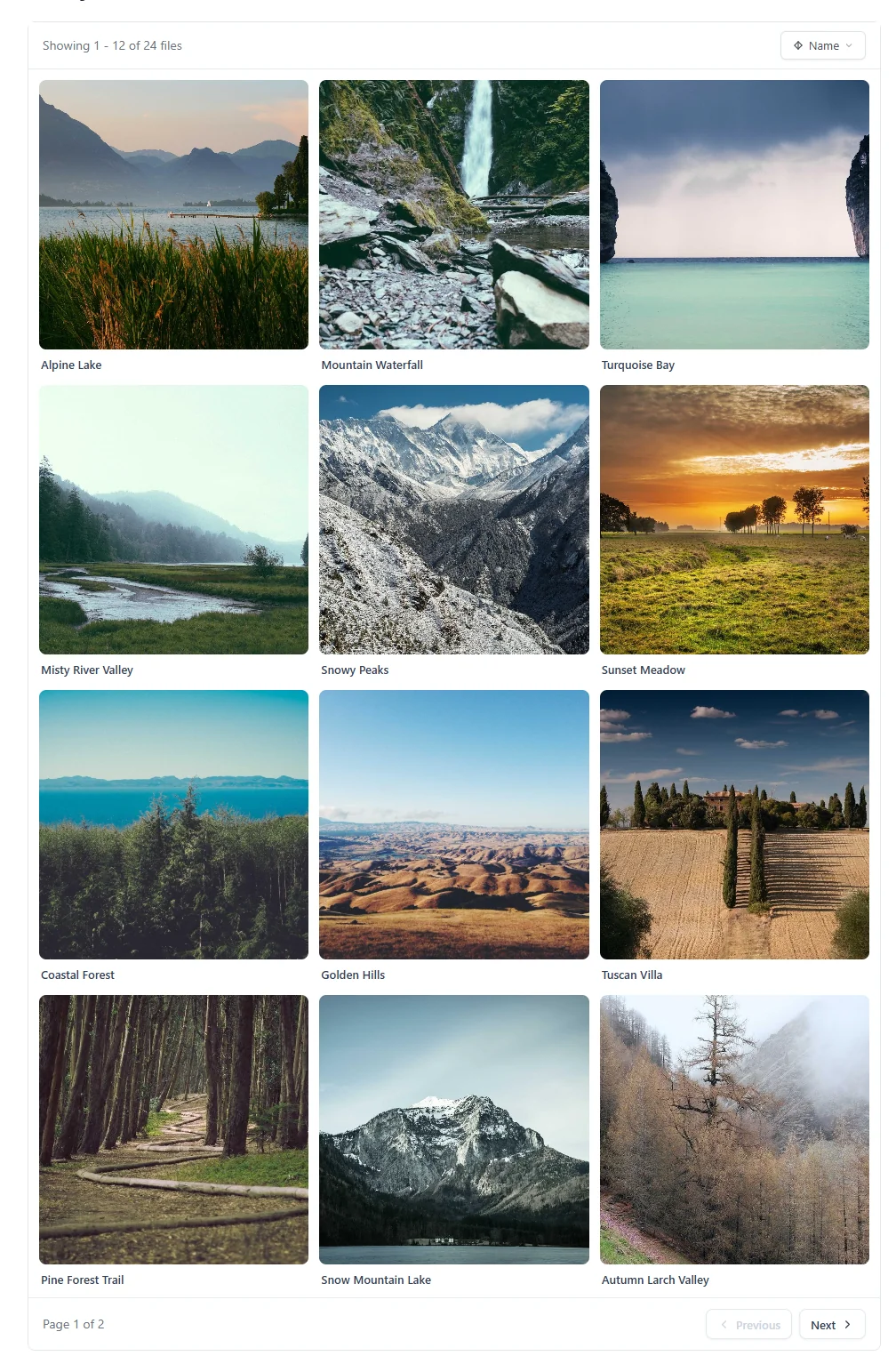 The gallery in the Grid layout with photo names under each tile