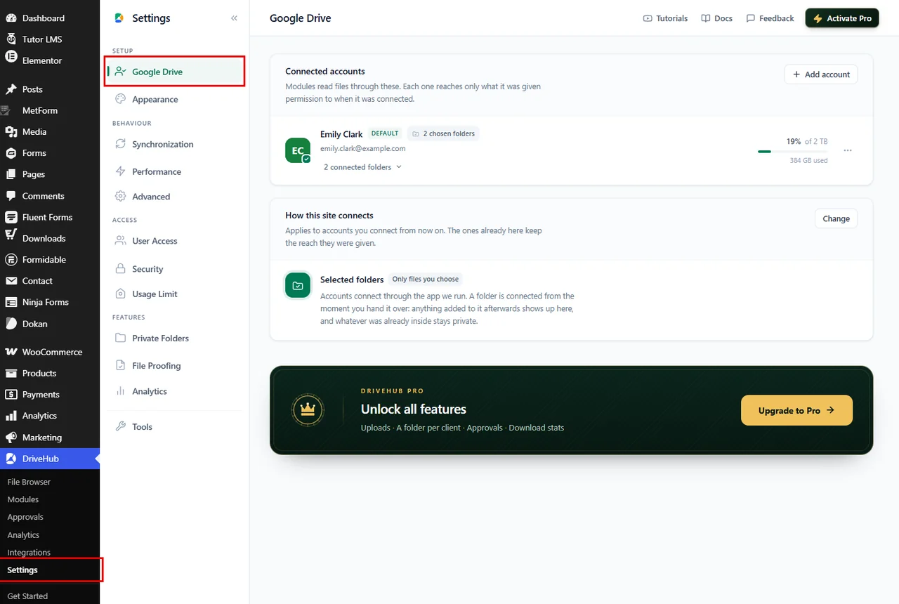 Opening DriveHub Settings and the Google Drive tab
