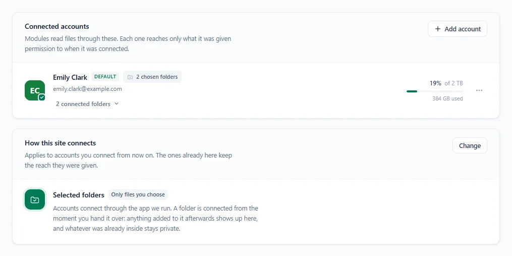 The Connected accounts and How this site connects cards