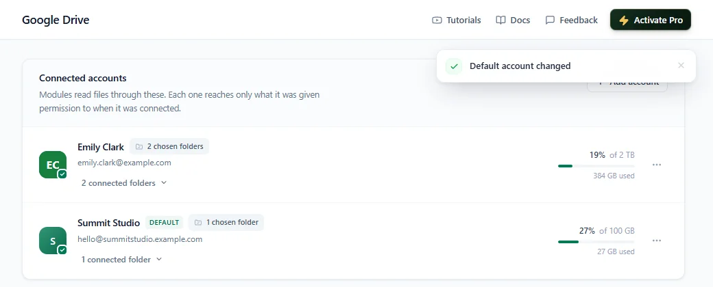 The Default badge moved to the Summit Studio account