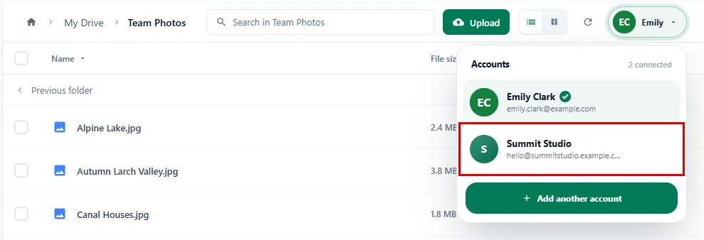 Picking another account in the File Browser account switcher