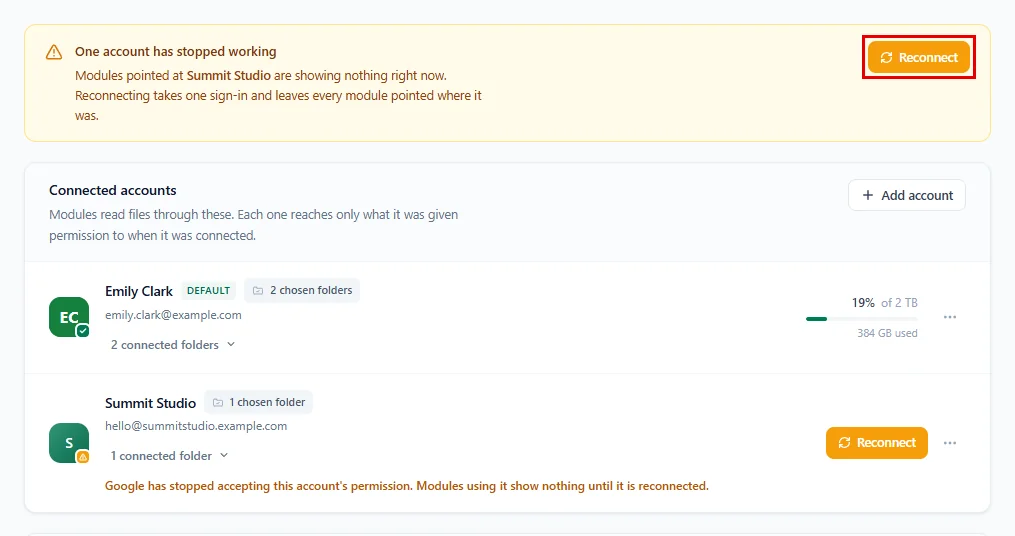 Reconnecting an account that has stopped working