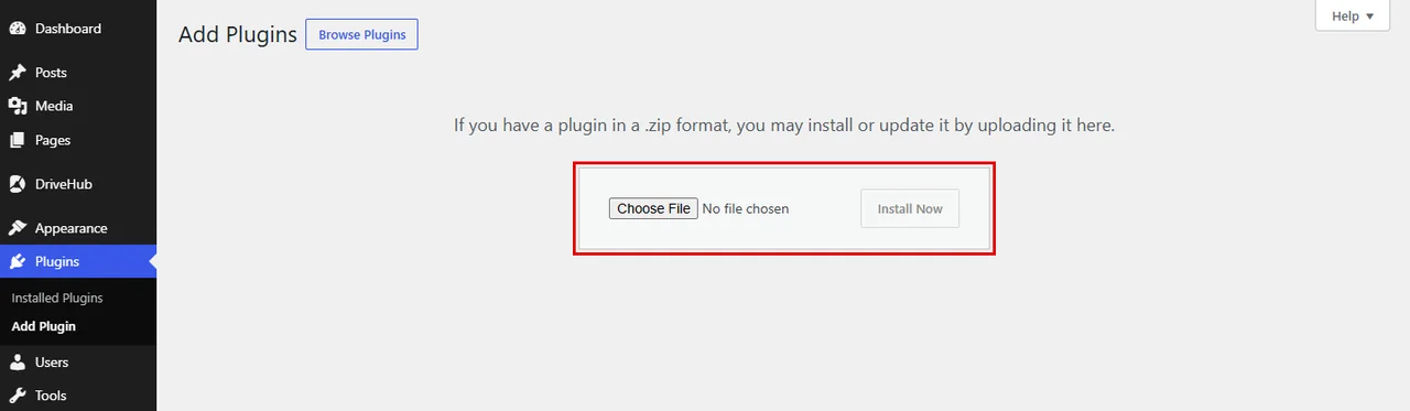 Uploading the DriveHub Pro zip file on the Add Plugins screen