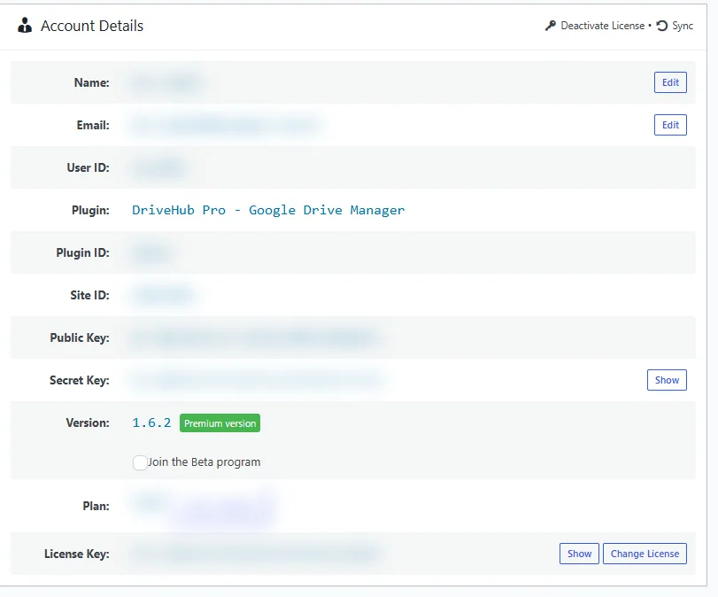 The DriveHub Account screen with the Premium version label