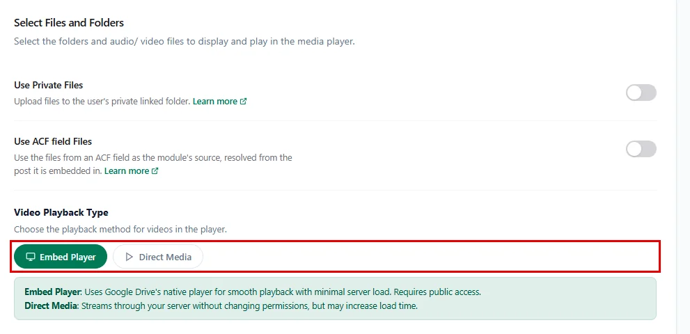 The Video Playback Type options in the Source step
