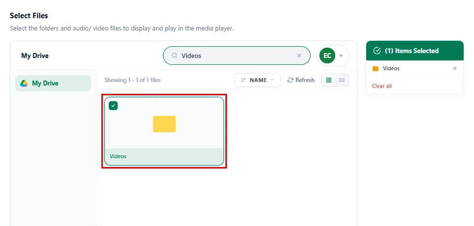 Selecting the Videos folder in the Source step
