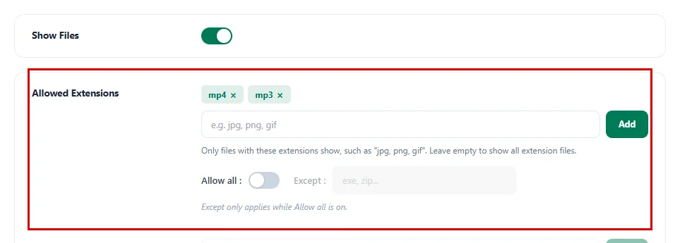 Allowed Extensions set to mp4 and mp3 in the Filter step