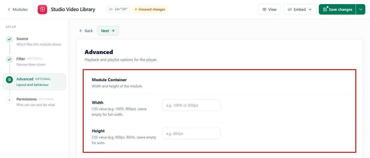 The Module Container settings in the Advanced step