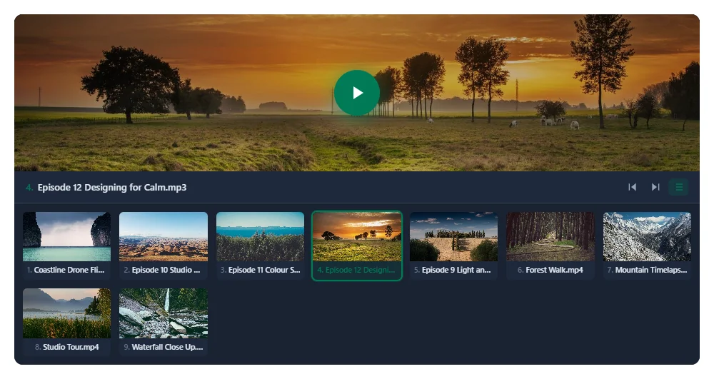 The media player with a podcast episode selected in the playlist