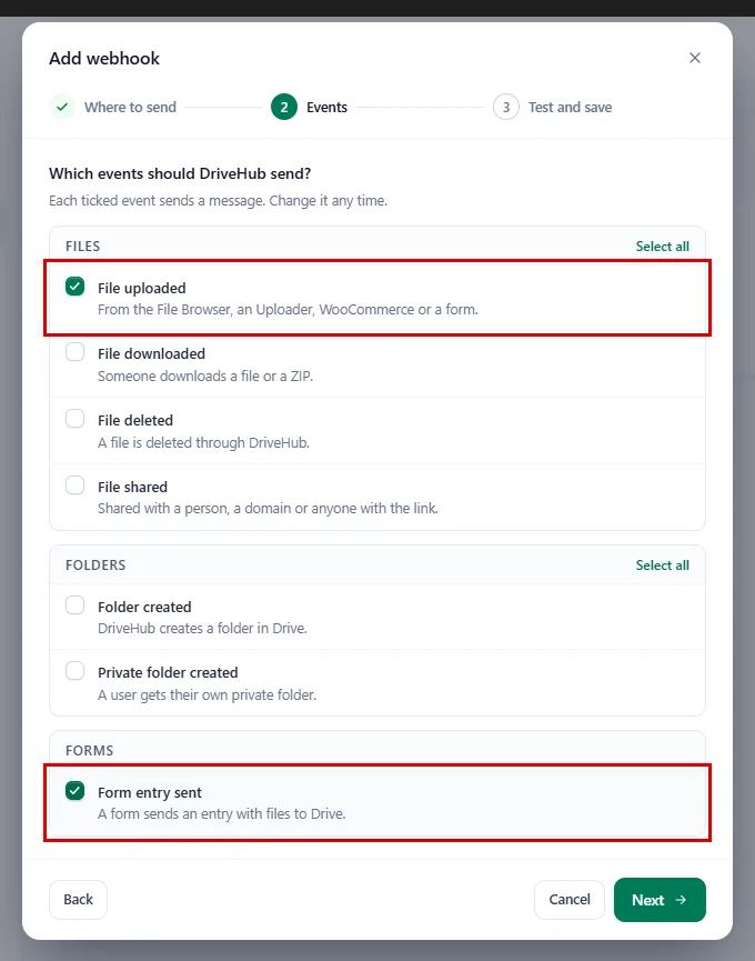 The Events step with File uploaded and Form entry sent ticked