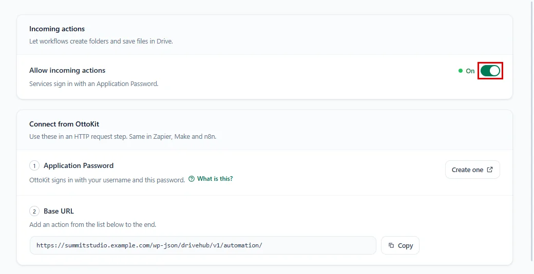 Allow incoming actions switched on, with the Application Password and Base URL