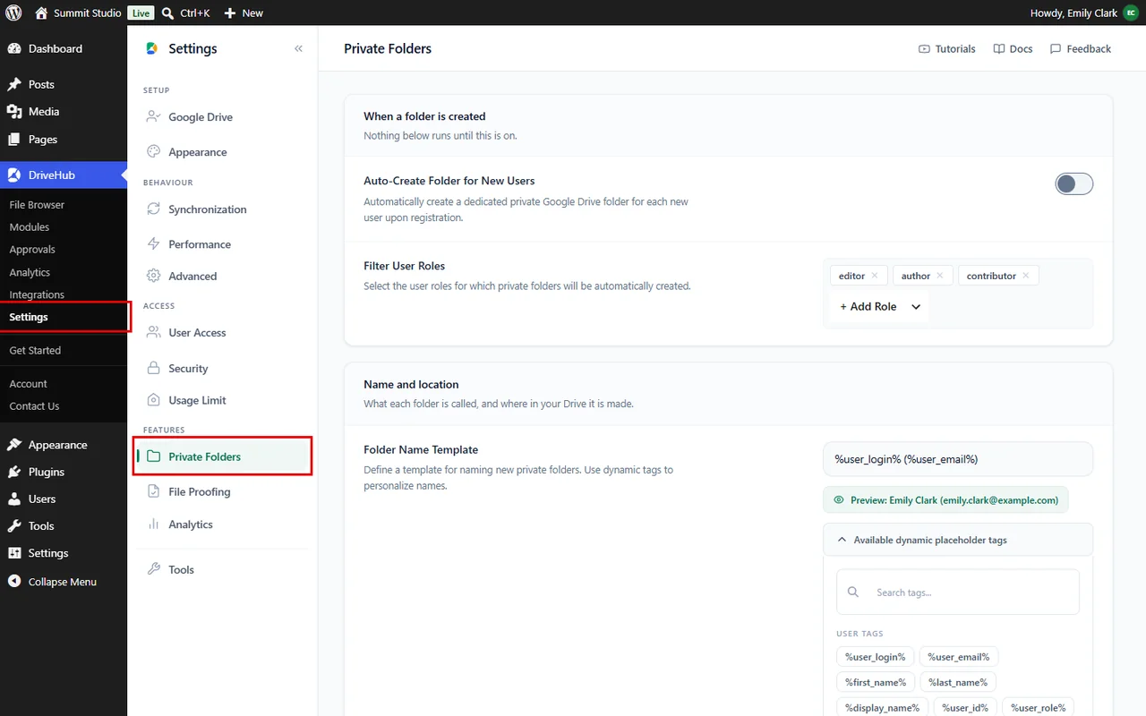 Opening the Private Folders tab in DriveHub settings