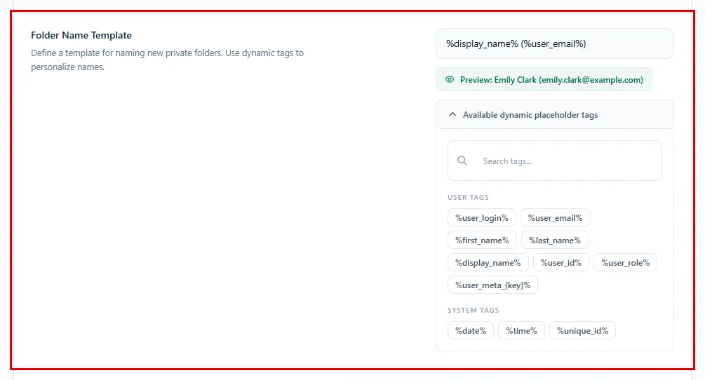 The Folder Name Template with its preview and placeholder tags