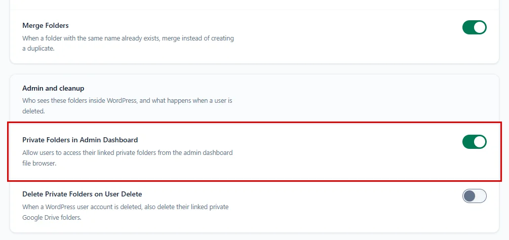 Turning on Private Folders in Admin Dashboard