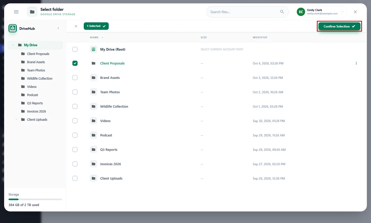 Choosing a folder in the Select folder window