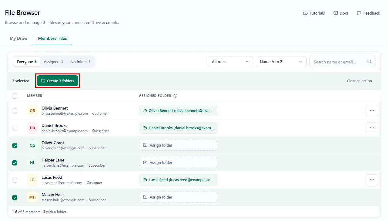 Creating folders for three selected members at once