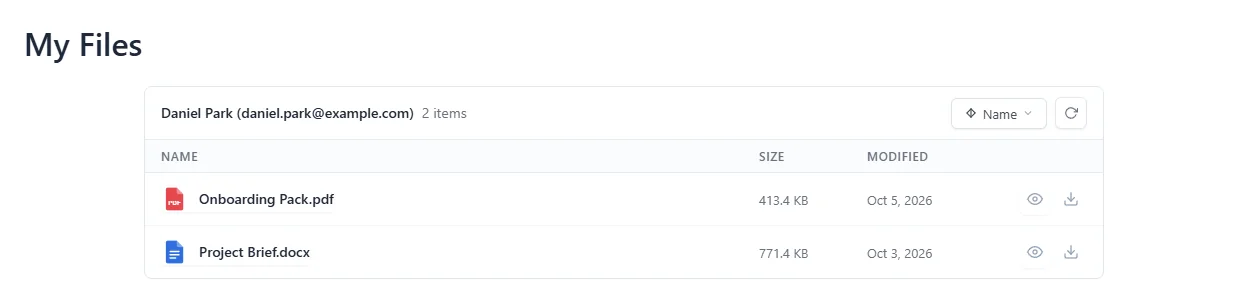 A logged-in member seeing only the files in their own private folder
