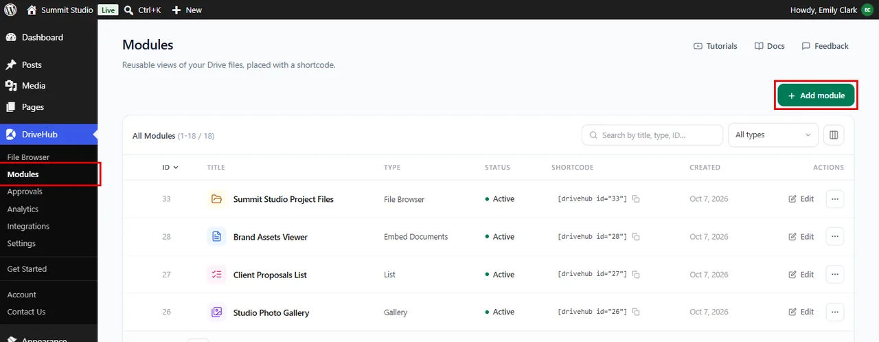 The DriveHub Modules page with the Add module button