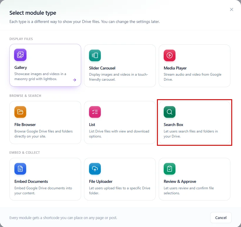 Choosing Search Box in the Select module type window