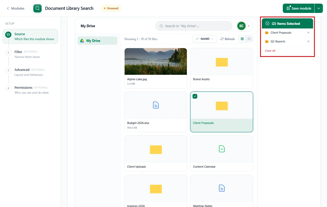 Client Proposals and Q3 Reports selected in the Source tab