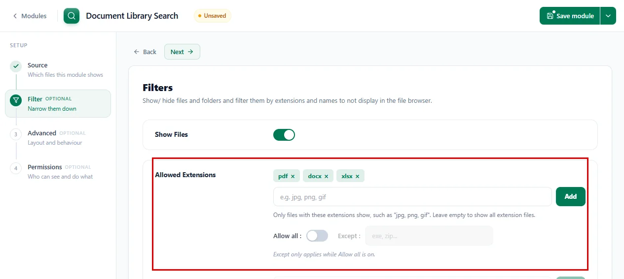 Allowed Extensions set to pdf, docx and xlsx in the Filter tab