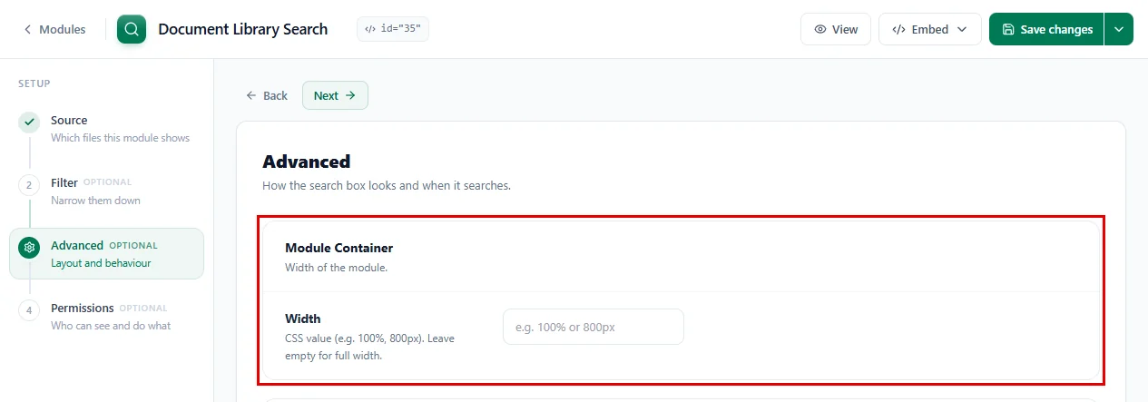 The Module Container settings in the Advanced tab