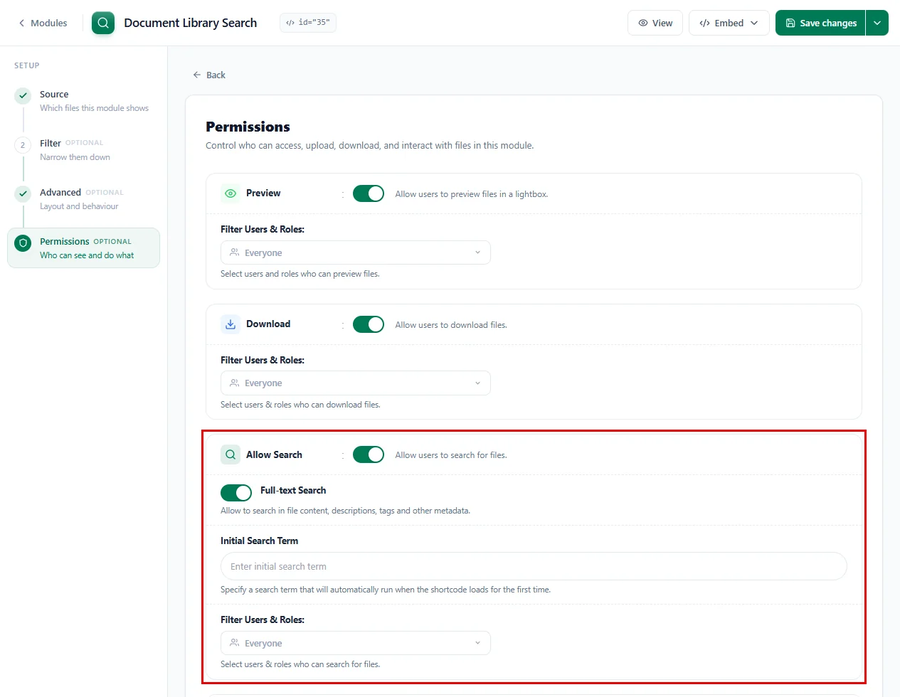 The Preview, Download and Allow Search cards in the Permissions tab