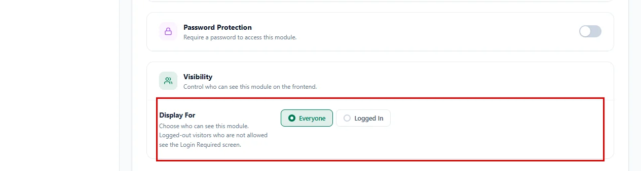 The Display For setting in the Visibility card