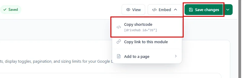 The Save changes button and the Embed menu with Copy shortcode