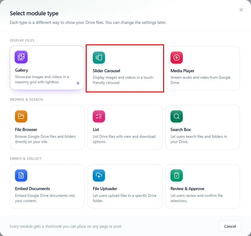 Choosing Slider Carousel in the Select module type window
